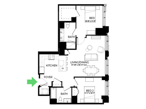 Floor plan for 2 beds, 2 baths, 1071 sqft